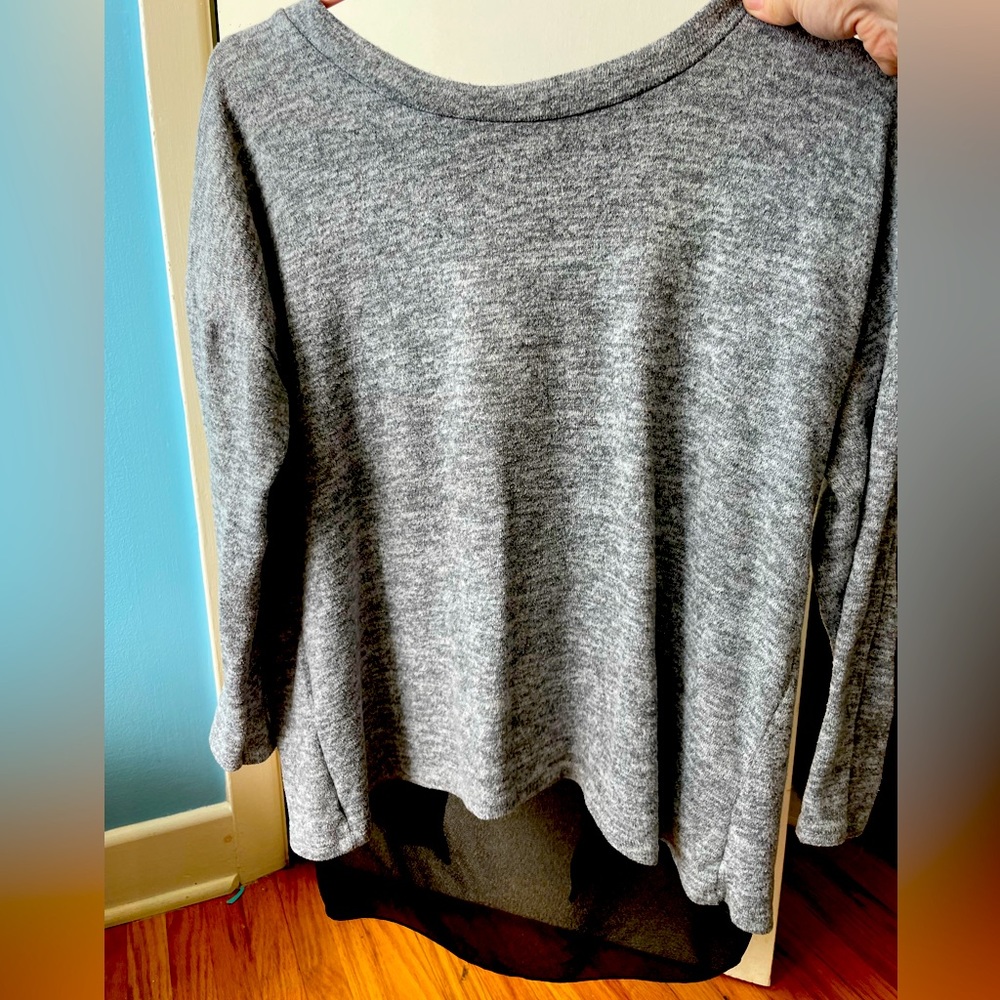 Grey 3/4 sleeve sweater with sheer back and zipper detail